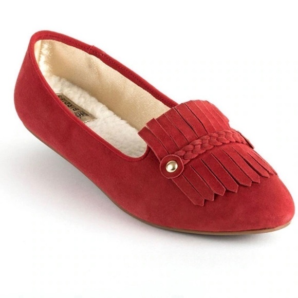 Birdies Sherpa Lined Suede Flat Loafers Size 6.5 Red Cardinal Holiday Comfy - Picture 1 of 10